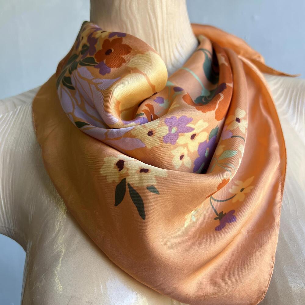Vintage Silk? Floral Handmade Printed Scarf Orange White Yellow Square 24x24 - Picture 1 of 15